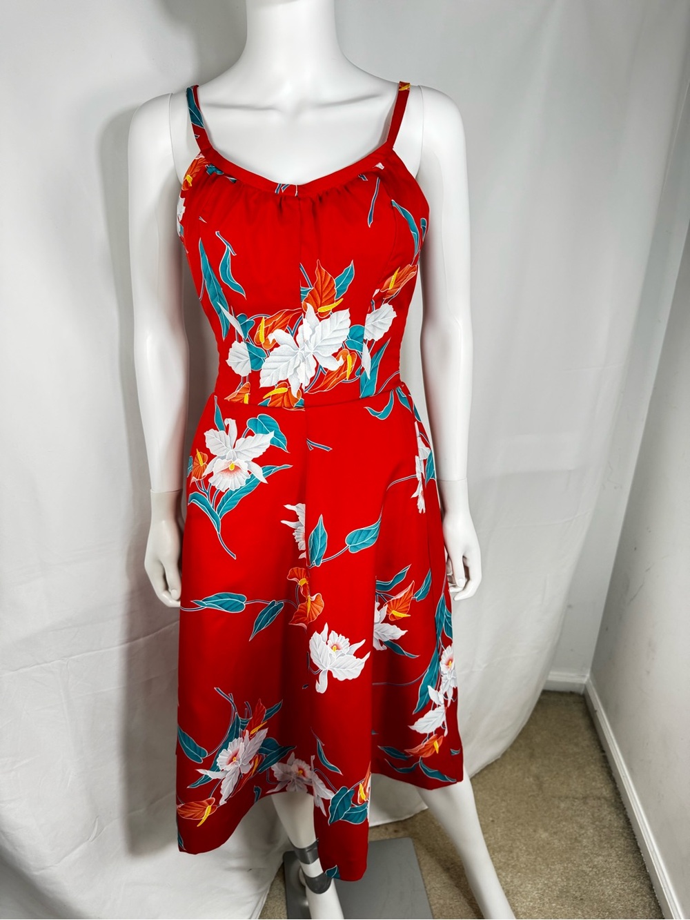 VTG 70s Paradise Hawaii Tropical Floral Midi Dress Red Bird of Paradise Size 12